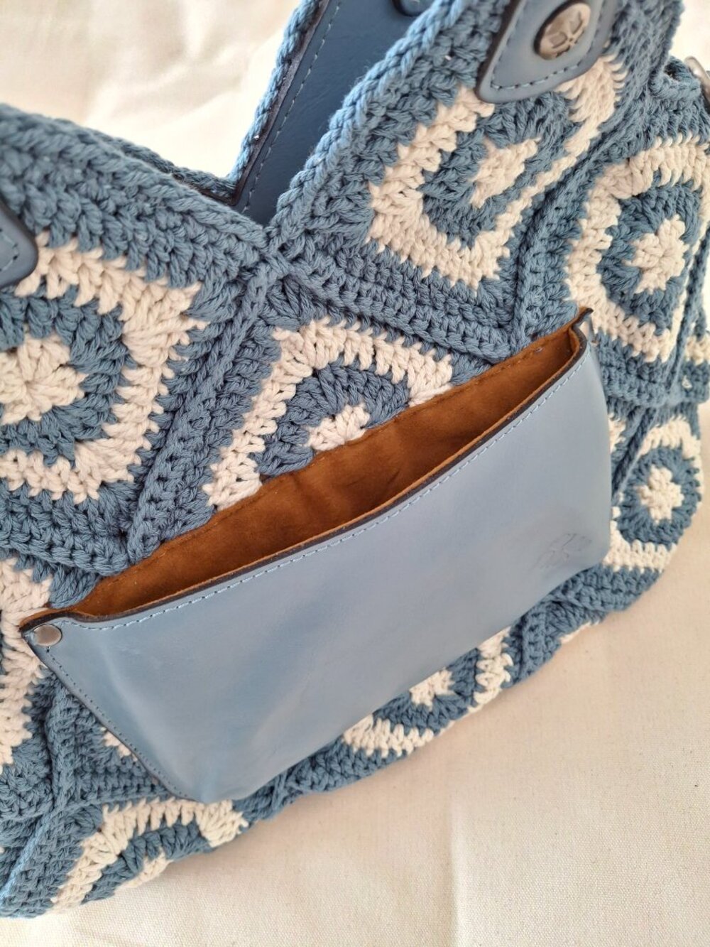 (New) Patricia Nash – Delphi Cotton Crochet & Leather Tote Crossbody (Blue Fog) - Picture 8 of 12